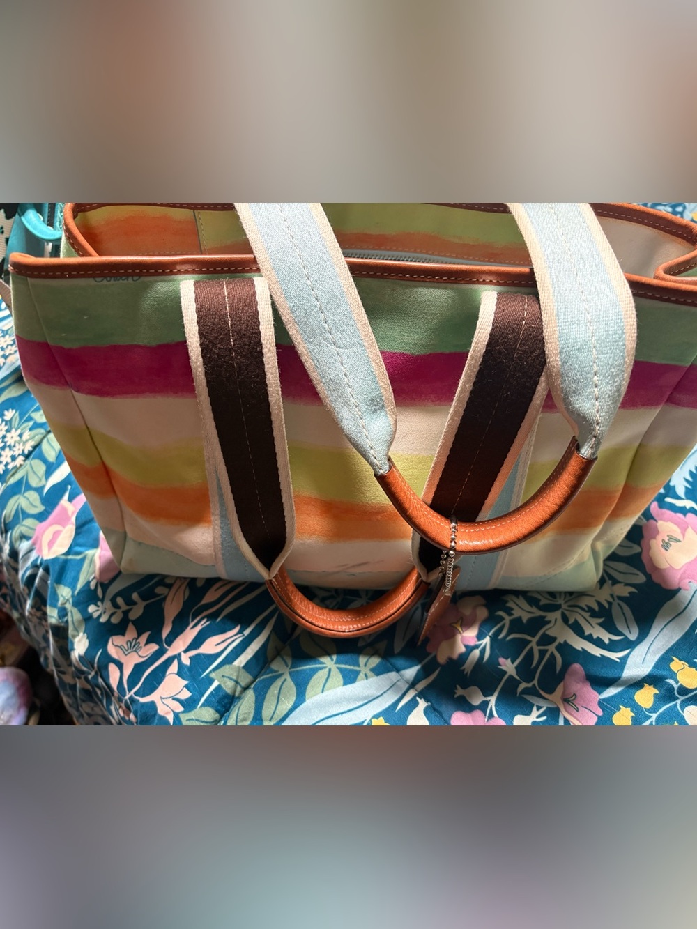 Vintage Striped Kate Spade Canvas Tote Bag in rainbow